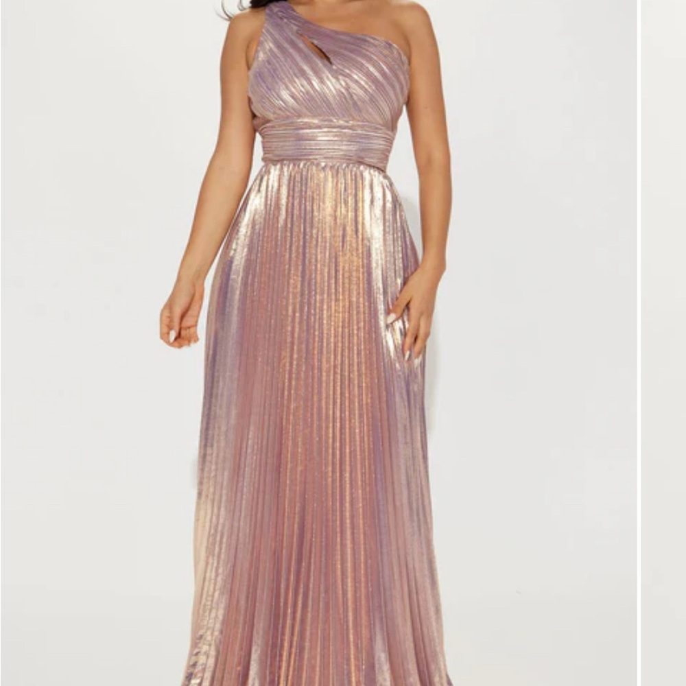 Violet and Gold Metallic One-Shoulder Gown